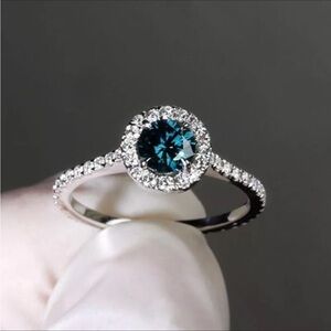 💍Sterling Silver Petite Brilliant Cut Teal Zircon Halo Ring